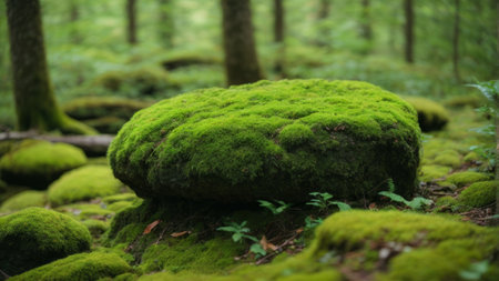 Mossy stones in a green forest, Shiga, Japanの素材