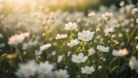 White flowers in the meadow at sunset. Spring and summer backgroundの素材