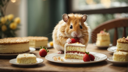 Hamster and cake on the table in a cafe. Close-up.の素材