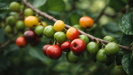 Coffee beans ripening on a branch in a garden.の素材