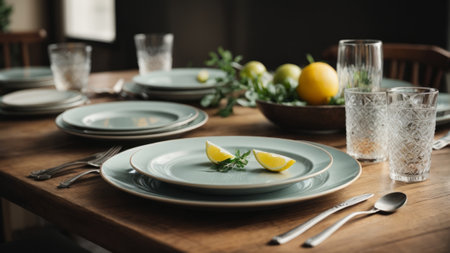 Table setting with plates, cutlery and lemon on wooden tableの素材
