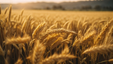 Wheat field. Ears of golden wheat close up. Rich harvest Concept.の素材