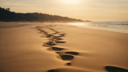 Footprints on the sand beach at sunset time. Nature background.の素材