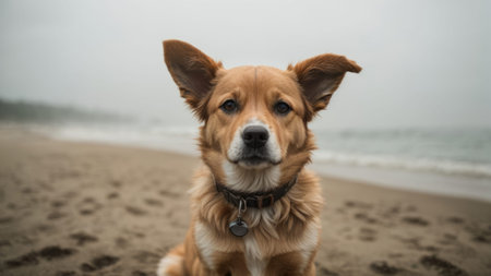 Portrait of a red dog on the beach in the fog.の素材