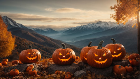 Halloween pumpkins on the background of the mountains and forest.の素材