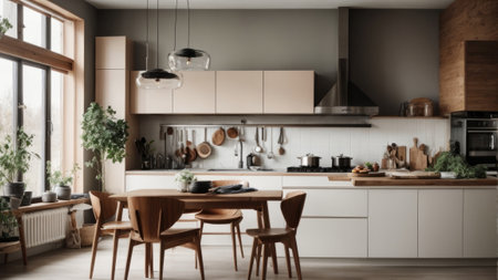 interior of modern kitchen with beige walls, wooden floor and white countertopsの素材