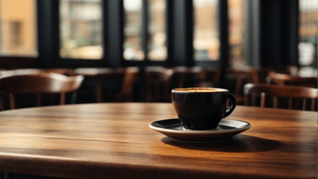 Cup of coffee on wooden table in cafe, shallow DOFの素材