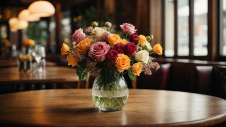 Bouquet of flowers in vase on wooden table in cafeの素材