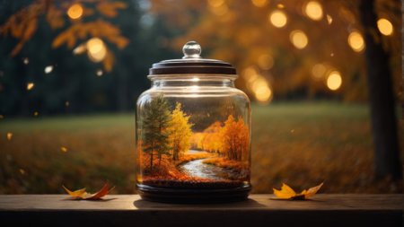 Glass jar with autumn leaves on a wooden table. Autumn background.の素材