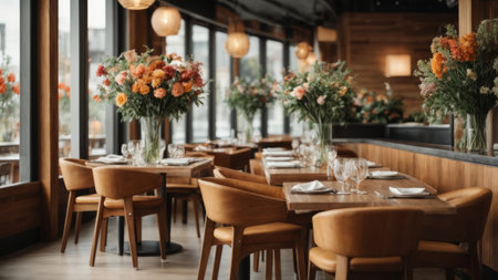 Tables and chairs in a restaurant with flowers and vase of flowersの素材