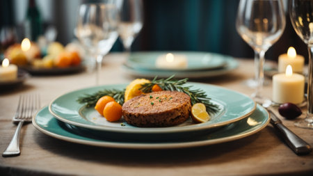 Delicious meatloaf with lemon and rosemary on plate in restaurantの素材