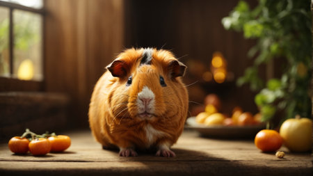 Guinea pig on a wooden table with vegetables in the background.の素材