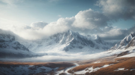Mountain landscape with snow and clouds. Panoramic view.の素材