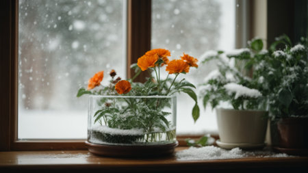 Orange flowers in a vase on the windowsill in the snow