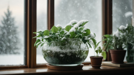 Basil on the windowsill in the winter. Snowfall.の素材