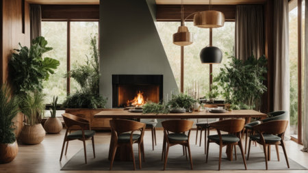 interior of modern dining room with fireplace, wooden table and chairsの素材