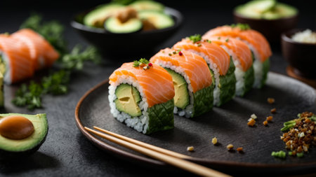 Sushi roll with salmon, avocado and cucumber on black backgroundの素材