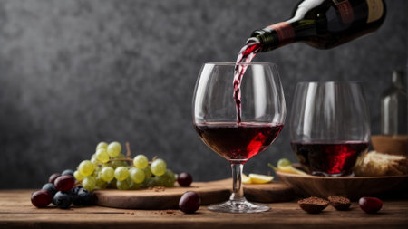 Pouring red wine into wineglass on wooden table with grapes and breadの素材