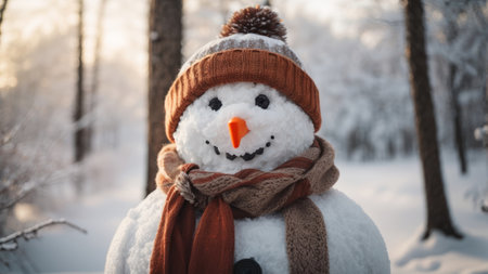 Funny snowman with scarf and hat in the winter forest.の素材