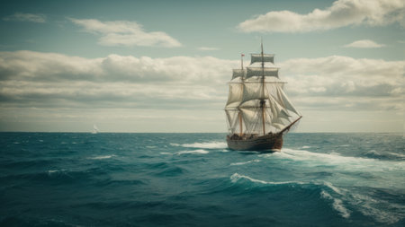 Sailing ship in the sea. Vintage style toned picture.の素材