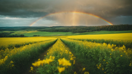 Rainbow over the rapeseed field. Panoramic image.の素材