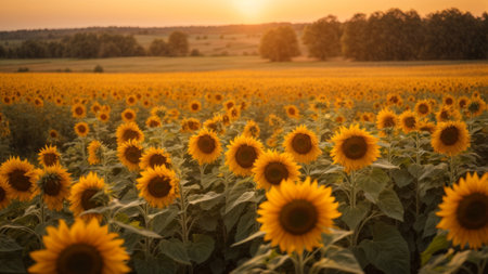 Sunflower field at sunset. Beautiful summer landscape with sunflowers.の素材