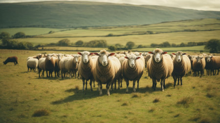 A flock of sheep standing in a field on a sunny day.の素材