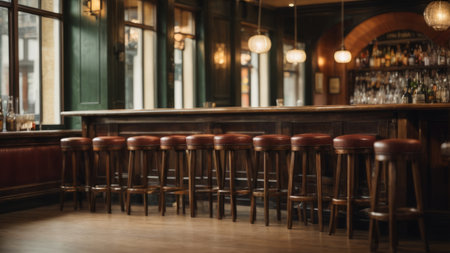 Row of chairs in a pub or restaurant. Blurred background.の素材
