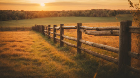 Wooden fence in a meadow at sunset. Rural landscape.の素材