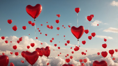 Red heart shaped balloons against bright blue sky with clouds 3D renderingの素材