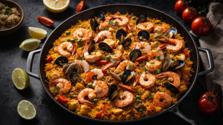 Seafood paella with shrimps, mussels, prawns and squid in a panの素材