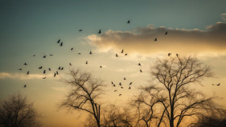A flock of crows flies over a tree in the morning.の素材