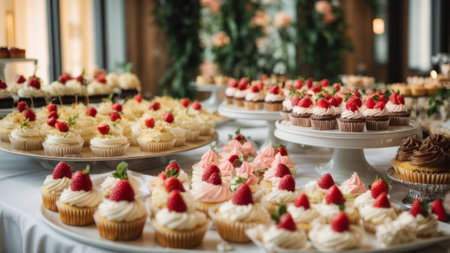 catering wedding buffet with cupcakes and meringue dessertsの素材