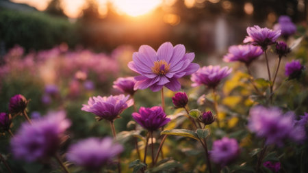 Beautiful pink dahlia flower in the garden at sunset.の素材