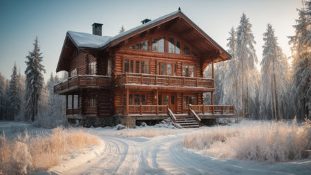 Beautiful wooden house in the winter forest. Panoramic image.の素材