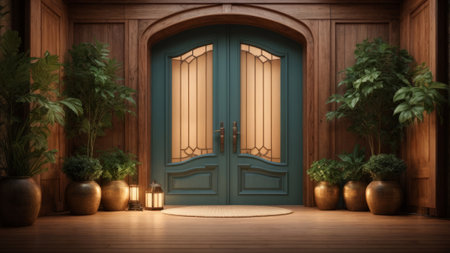 3D rendering of a room with a wooden door and plants.の素材
