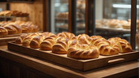 Group of fresh buns on wooden table in bakery shop, closeupの素材
