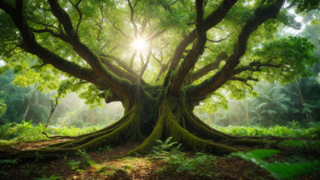 Old big tree in the rainforest with sun rays and lens flareの素材