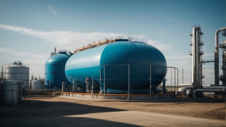 Oil refinery plant with blue tanks. Refinery and petrochemical industryの素材