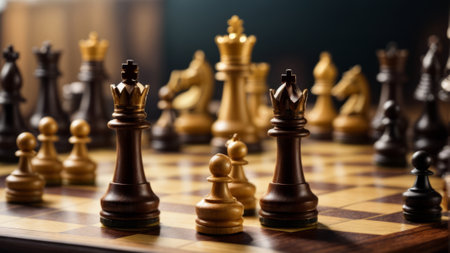 Chess pieces on the chessboard. Close-up. Selective focus.の素材