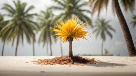 A small plant on the sand with palm trees in the background.の素材