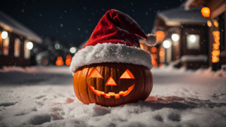 Halloween pumpkin with santa hat on snow at night. Holiday concept.の素材