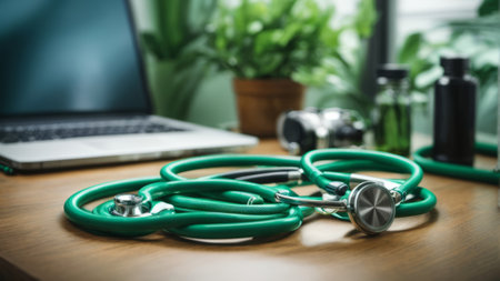 Green stethoscope on a wooden table with a laptop in the backgroundの素材