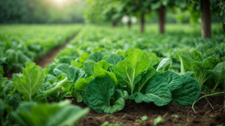 Green lettuce growing in the field. Organic vegetables growing in the field.の素材