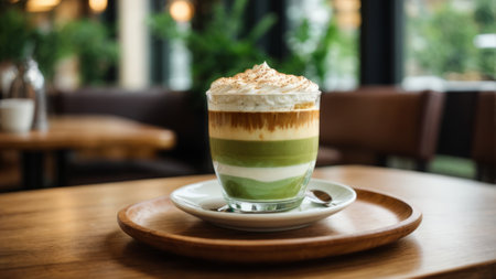 Green tea latte with whipped cream on wooden table in coffee shopの素材