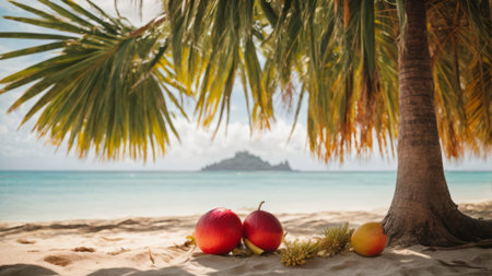 Palm tree and red apples on a tropical sandy beach with sea in the backgroundの素材