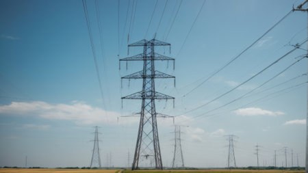 High voltage pylons on a sunny day in the countryside.の素材
