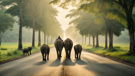 Elephants walking along the road in the morning, Thailand.の素材