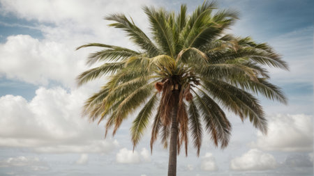Palm tree on the blue sky background with clouds. Panoramic view.の素材