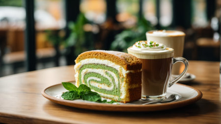 coffee latte with cake and mint on wooden table in cafeの素材